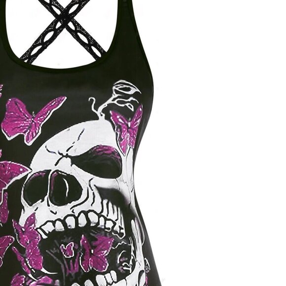 Skull & Rose ✦ Gothic Mini Dress ✦ Cross-Back Straps + A-Line Cut ✦ Deadstock S - Picture 3 of 5